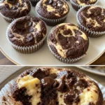 Köstliche Schoko-Cheesecake-Muffins auf einem Teller angerichtet.