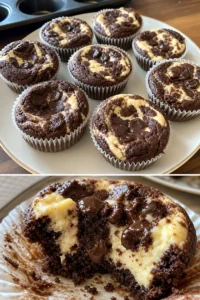 Köstliche Schoko-Cheesecake-Muffins auf einem Teller angerichtet.