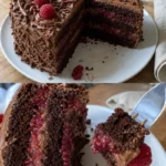 Schoko-Himbeer-Torte mit Schokoladenganache und frischen Himbeeren auf einem Teller.