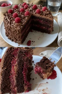 Schoko-Himbeer-Torte mit Schokoladenganache und frischen Himbeeren auf einem Teller.