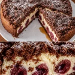 Schokoladiger Käsekuchen mit Kirschen auf einem Teller