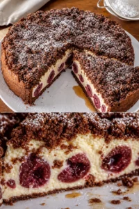 Schoko-Kirsch-Käsekuchen Rezept 10 Schokoladiger Käsekuchen mit Kirschen auf einem Teller