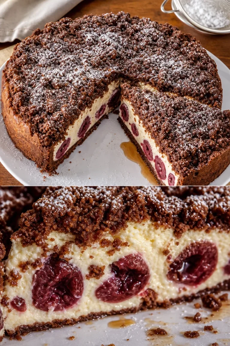 Schokoladiger Käsekuchen mit Kirschen auf einem Teller