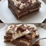 Vegane glutenfreie Schokoladen-Lasagne mit schokoladiger Creme und Teigschichten