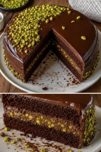 Schokoladen-Pistazien-Torte Rezept 6 Schokoladen-Pistazien-Torte auf einem schönen Teller serviert