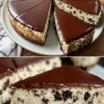 Leckerer Stracciatella-Käsekuchen in einer Welle aus Schokoladensplittern