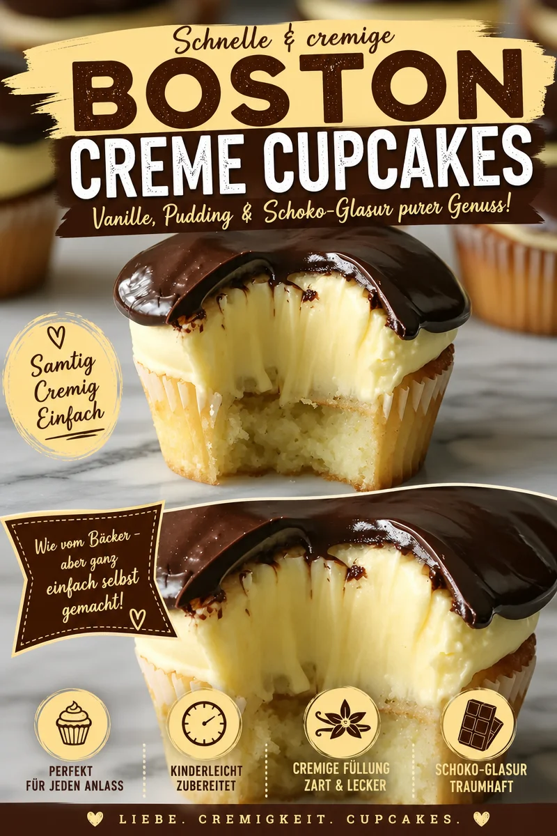 Unwiderstehliche Boston Cream Pie Cupcakes für jeden Anlass - Entdecke die süße Versuchung der Boston Cream Pie Cupcakes! Diese köstlichen kleinen Leckereien verbinden den zarten Geschmack des klassischen Boston Cream Pies mit der handlichen Form eines Cupcakes. Perfekt für deine nächste Feier oder als süßer Snack zwischendurch. Probiere jetzt unser einfaches Rezept und überzeuge dich selbst! Was hältst du davon? Teile deine Ergebnisse mit uns! #Cupcakes #Süßspeisen #Backen