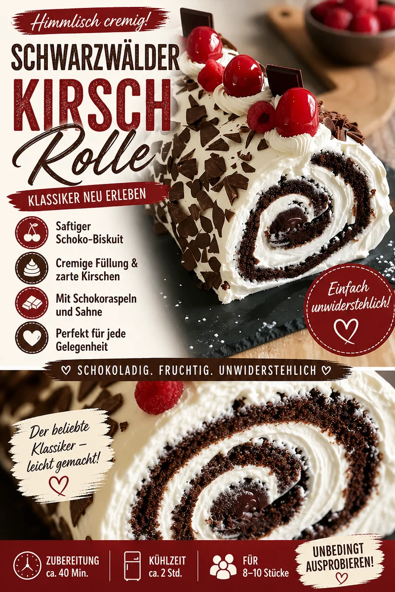 Unwiderstehliche Schwarzwälder Kirsch Roulade für Dessert-Liebhaber Unwiderstehliche Schwarzwälder Kirsch Roulade für Dessert-Liebhaber - Verliebt in die Kombination aus Schokolade und Kirschen? Diese Schwarzwälder Kirsch Roulade ist ein Traum für jeden Dessert-Liebhaber. Mit einer luftigen Sahnefüllung und zarten Schokoladenstückchen verführt sie zum Genießen. Bereite dieses köstliche Rezept für deine nächste Feier vor und beeindrucke deine Gäste. Jetzt das Rezept ausprobieren und zaubern! #SchwarzwälderRoulade #Dessertliebe #Rezept