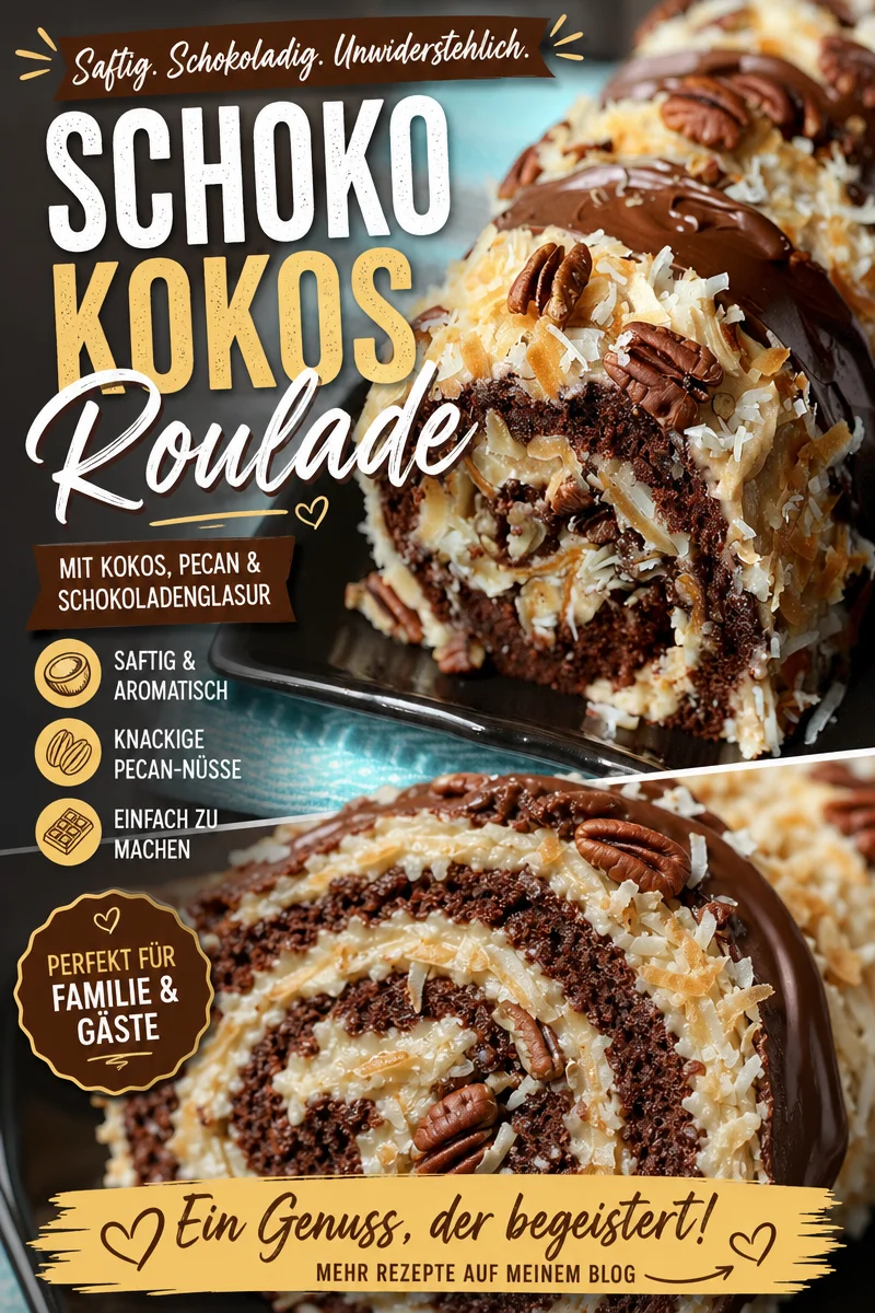 Verführerischer Deutscher Schokoladen-Kokos-Pekannuss-Rollkuchen Verführerischer Deutscher Schokoladen-Kokos-Pekannuss-Rollkuchen - Entdecke den unvergleichlichen Genuss des Deutschen Schokoladen-Kokos-Pekannuss-Rollkuchens! Dieser himmlische, dekorative Kuchen vereint die besten Aromen von Schokolade, Kokos und knusprigen Pekannüssen. Perfekt für besondere Anlässe oder einfach nur zum Schlemmen. Lass dir dieses Rezept nicht entgehen und bringe Freunde und Familie zum Staunen! Probiere es jetzt aus! #Rollkuchen #Dessertliebe #Schokolade