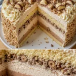 Weiße Bueno-Torte mit Schokolade und Haselnüssen, dekorativ angerichtet.