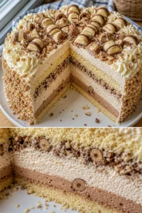 Weiße Bueno-Torte Rezept 1 Weiße Bueno-Torte mit Schokolade und Haselnüssen, dekorativ angerichtet.