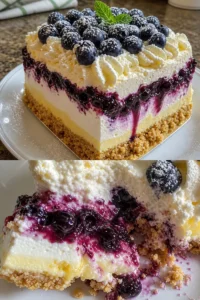 Zitronen-Blaubeer-Kuchen mit Shortbread und Mousse-Anteilung auf einem Teller