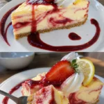 Zitronen-Käsekuchen mit Erdbeer-Topping auf einem Teller