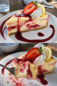 Zitronen-Käsekuchen mit Erdbeer-Topping 10 Zitronen-Käsekuchen mit Erdbeer-Topping auf einem Teller