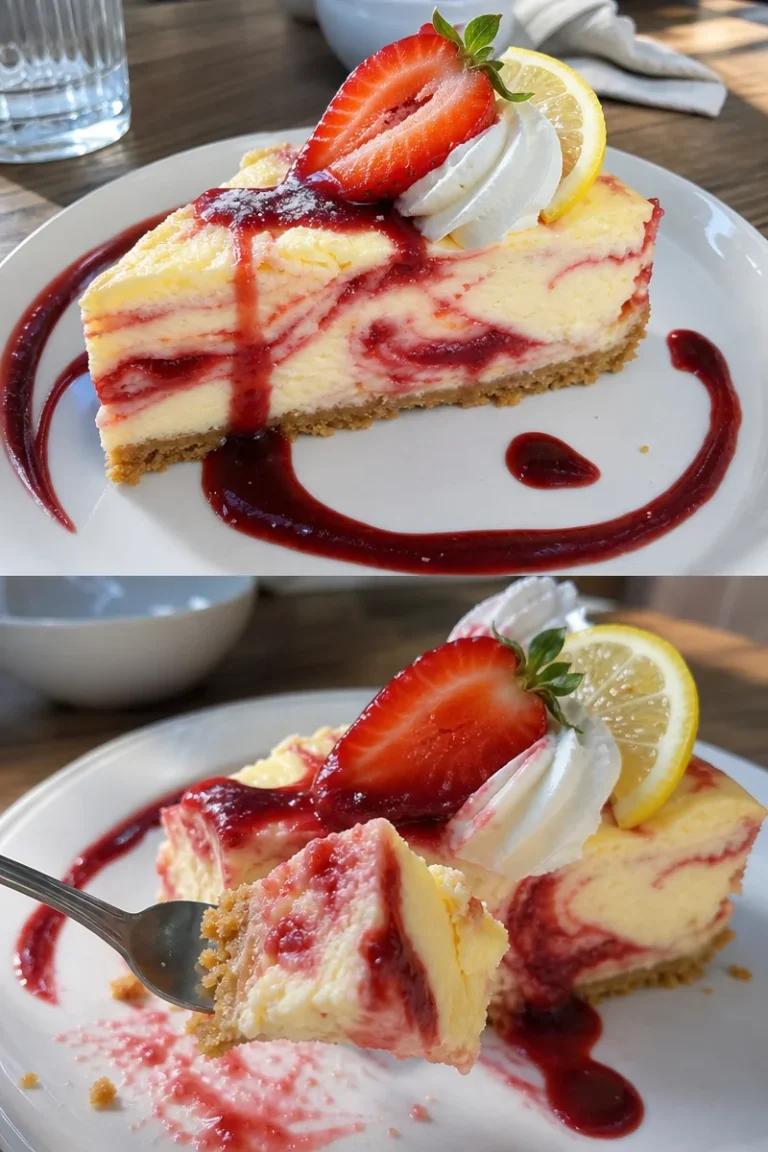 Zitronen-Käsekuchen mit Erdbeer-Topping 5 Zitronen-Käsekuchen mit Erdbeer-Topping auf einem Teller