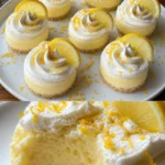 Zitronen-Käsekuchen-Mousse auf einem Teller, dekoriert mit frischen Zitronenscheiben