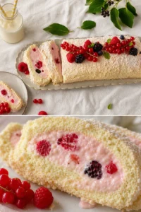 Beeren-Baiserrolle mit frischen Beeren und Baiser-Haube auf einem Teller