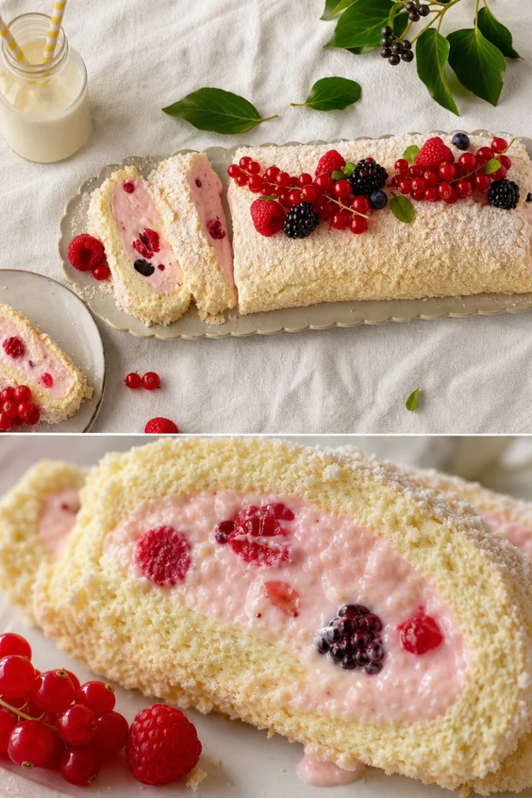 Beeren-Baiserrolle Rezept 1 Beeren-Baiserrolle mit frischen Beeren und Baiser-Haube auf einem Teller