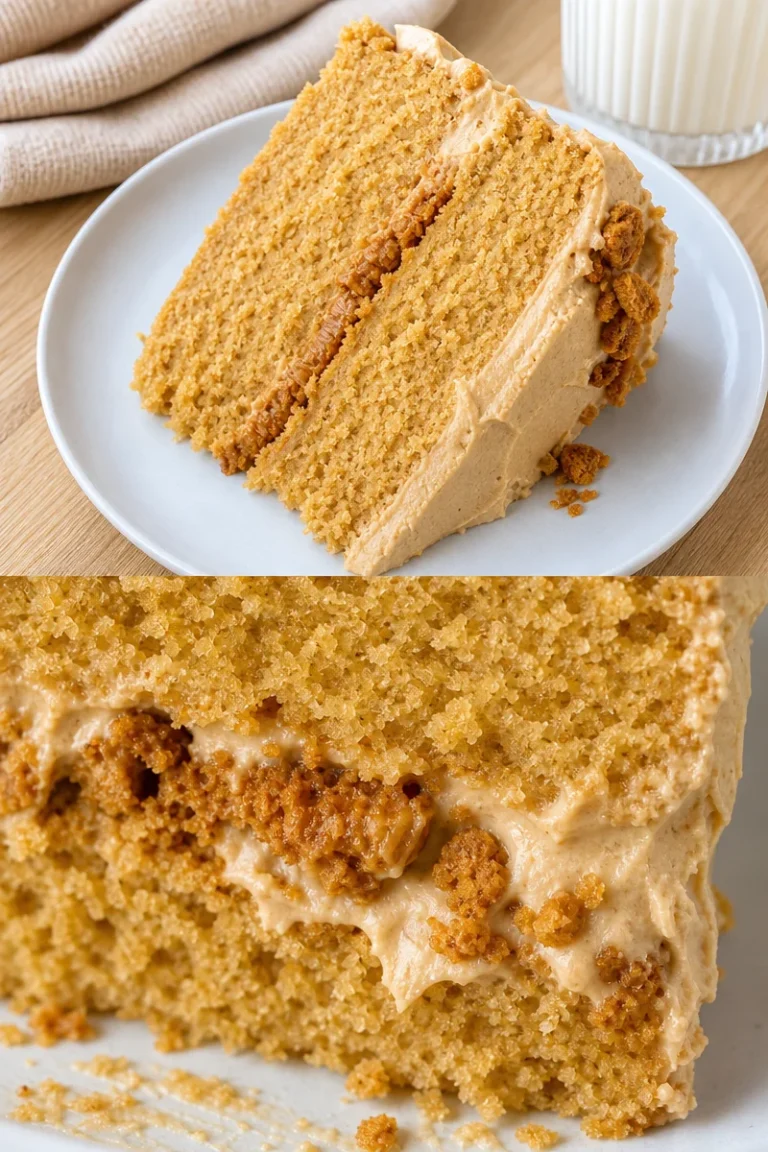 Leckerer Biscoff Kuchen mit Karamell und Biscoff-Keksen dekoriert.