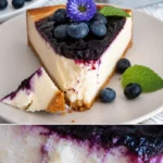 Blaubeer-Käsekuchen mit Keksboden auf einem Teller dekoriert