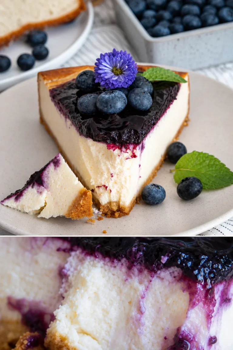 Blaubeer-Käsekuchen Rezept mit Keksboden 4 Blaubeer-Käsekuchen mit Keksboden auf einem Teller dekoriert