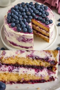 Blaubeertorte mit Frischkäse und Biskuit 8 Blaubeertorte mit Frischkäse und Biskuit auf einem weißen Teller