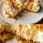 Leckerer Butterbier-Cheesecake mit goldener Karamellsoße und Sahnehaube