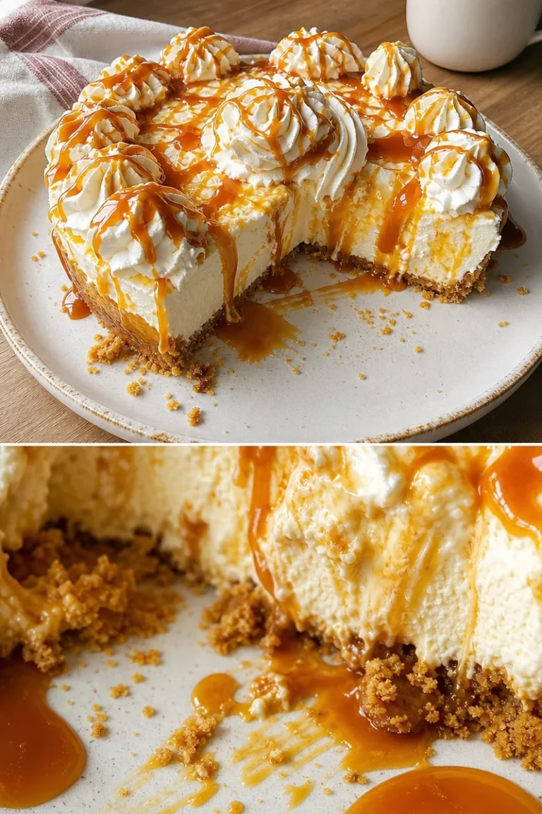 Leckerer Butterbier-Cheesecake mit goldener Karamellsoße und Sahnehaube