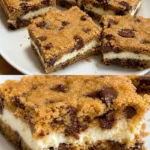 Schokoladenstückchen Cheesecake Bars auf einem Teller, frisch gebacken.