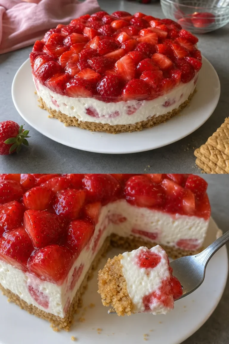 Cremiger Erdbeerkuchen ohne Backen, mit frischen Erdbeeren und Sahne