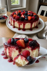 Cremiger No-Bake Cheesecake mit Beeren 5 Cremiger No-Bake Cheesecake mit frischen Beeren auf einem Teller