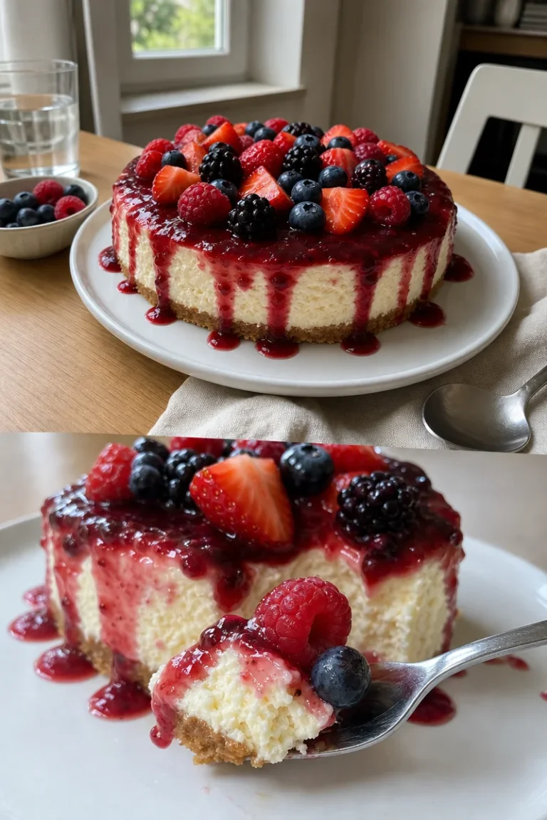 Cremiger No-Bake Cheesecake mit Beeren 1 Cremiger No-Bake Cheesecake mit frischen Beeren auf einem Teller