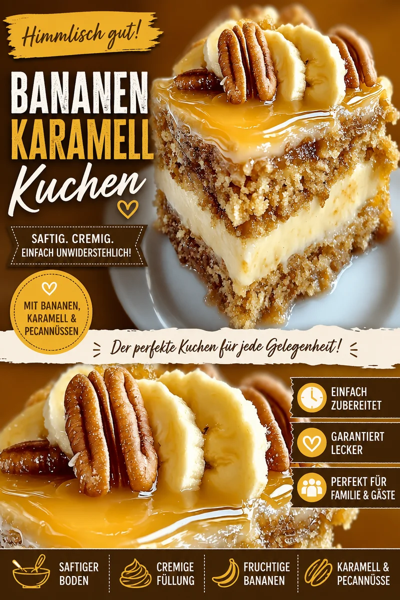Dekadenter Karamell-Bananen-Pekannuss-Kuchen für die süßen Momente Dekadenter Karamell-Bananen-Pekannuss-Kuchen für die süßen Momente - Hast du Lust auf einen super saftigen Bananenkuchen voller Karamell und Pekannüssen? Dieses Rezept vereint köstliche Aromen und ist perfekt für gemütliche Nachmittage. Lass dich von der Einfachheit überzeugen und bringe ein Stück Heimat auf deinen Tisch. Jetzt nachbacken und den Genuss erleben! #Kuchenliebe #DessertRezept #Süßspeisen
