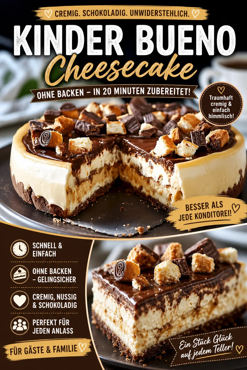 Einfacher No-Bake Kinder Bueno Käsekuchen für unvergessliche Momente Einfacher No-Bake Kinder Bueno Käsekuchen für unvergessliche Momente - Hast du Lust auf einen beeindruckenden, aber einfachen No-Bake Kinder Bueno Käsekuchen? Perfekt für Feierlichkeiten oder als süßer Genuss für dich! Folge dem Rezept und überrasche deine Gäste mit einem köstlichen Käsekuchen, der ohne Backen gelingt. Ideal für die nächste Kaffeepause! Probiere es jetzt aus und entdecke den unverwechselbaren Geschmack! #Käsekuchen #NoBake #Süßspeisen