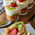Erdbeer-Kiwi-Käsekuchen-Parfaits ohne Backen, bunte Dessertschichtung in Gläsern