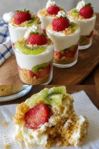 Erdbeer-Kiwi-Käsekuchen-Parfaits ohne Backen, bunte Dessertschichtung in Gläsern