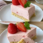 Erdbeer-Schmand-Kuchen auf einem Teller, dekoriert mit frischen Erdbeeren