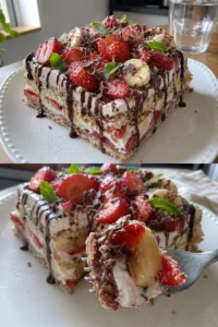 Erdbeer-Stracciatella-Bananen-Torte auf einem Teller, dekoriert mit frischen Erdbeeren.