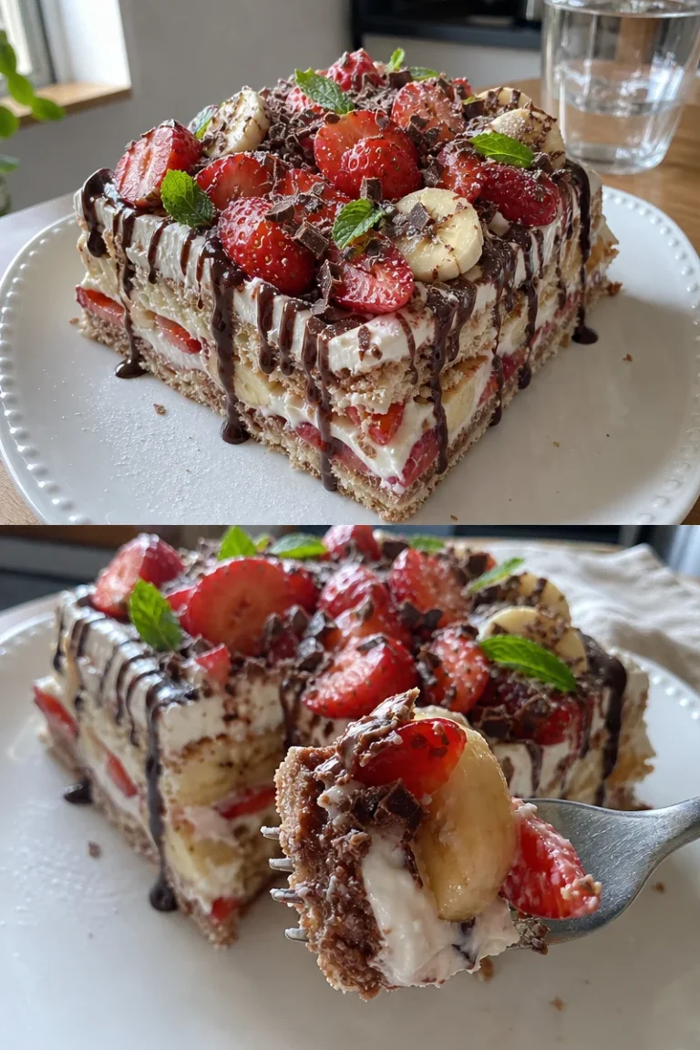 Erdbeer-Stracciatella-Bananen-Torte auf einem Teller, dekoriert mit frischen Erdbeeren.