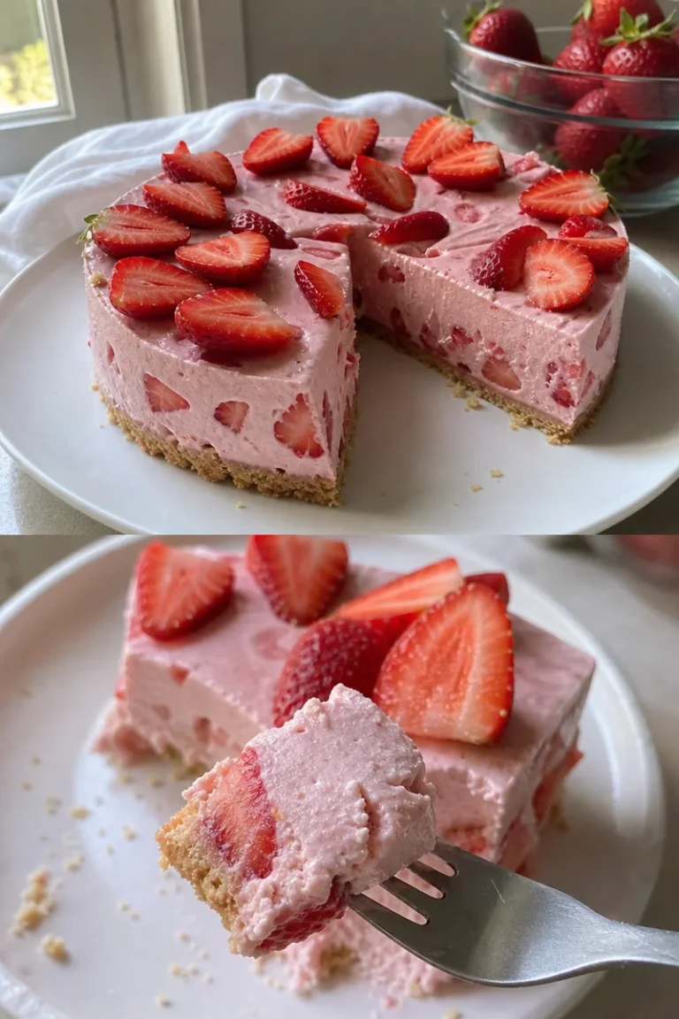 Erdbeer-Wolkenkuchen 3-Zutaten-Rezept 2 Erdbeer-Wolkenkuchen aus 3 Zutaten auf einem Teller serviert