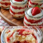 Erdbeerdessert im Glas mit frischen Erdbeeren und Sahne