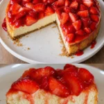 Erdbeerkäsekuchen auf einem Teller, frisch serviert mit Erdbeeren