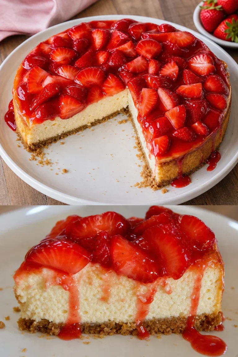 Erdbeerkäsekuchen Rezept einfach 1 Erdbeerkäsekuchen auf einem Teller, frisch serviert mit Erdbeeren