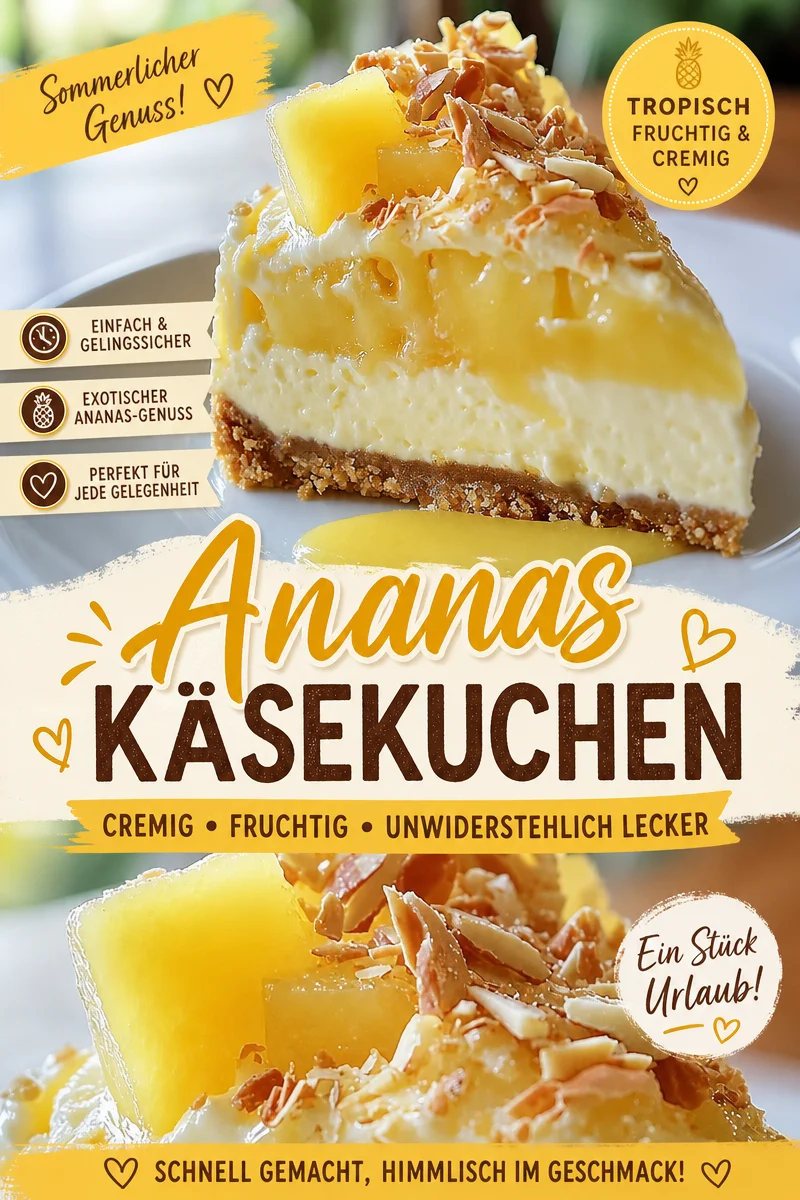 Erfrischender Ananas-Cremekäsekuchen: Ein tropischer Genuss für jede Gelegenheit - Bist du auf der Suche nach einem süßen, aber erfrischenden Dessert? Unser Ananas-Cremekäsekuchen bietet genau das! Mit einer leichten Keksbasis und einer cremigen Füllung aus Frischkäse und Ananas ist dieser Kuchen perfekt für warme Tage oder jedes Fest. Probiere es aus und überrasche deine Gäste! Lass dich von diesem Rezept inspirieren! #Käsekuchen #Ananas #Dessert