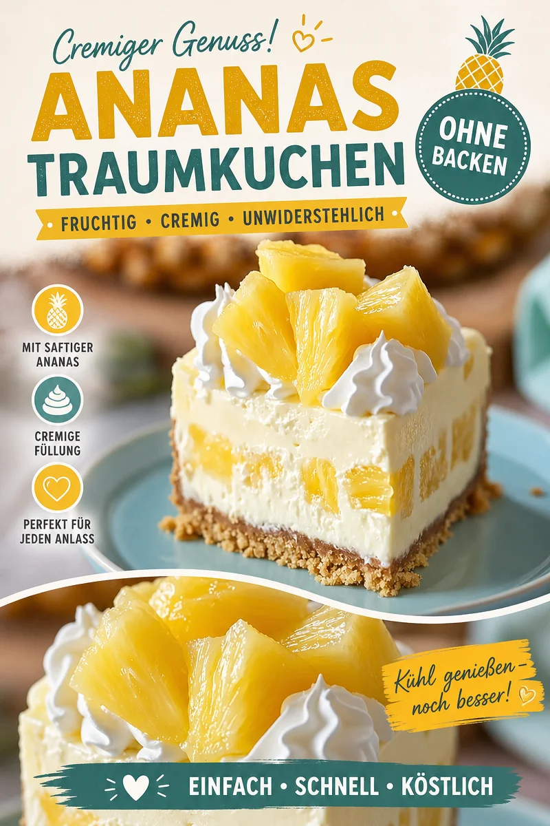 Erfrischender Ananas-Käsekuchen ohne Backen für heiße Sommertage Erfrischender Ananas-Käsekuchen ohne Backen für heiße Sommertage - Genieße den perfekten Sommer mit unserem Ananas-Käsekuchen ohne Backen! Schnell und einfach zubereitet, ist er die ideale süße Versuchung für heiße Tage. Lass dich von der fruchtigen Frische und der cremigen Konsistenz begeistern. Perfekt für Feiern oder als leichte Nachspeise. Probiere jetzt unser Rezept und erlebe den Sommer auf deinem Teller! Teile deine Kreationen mit #Käsekuchen #Süßspeisen und #OhneBacken!