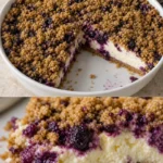 Früchte-Cheesecake mit Heidelbeeren auf einem weißen Teller