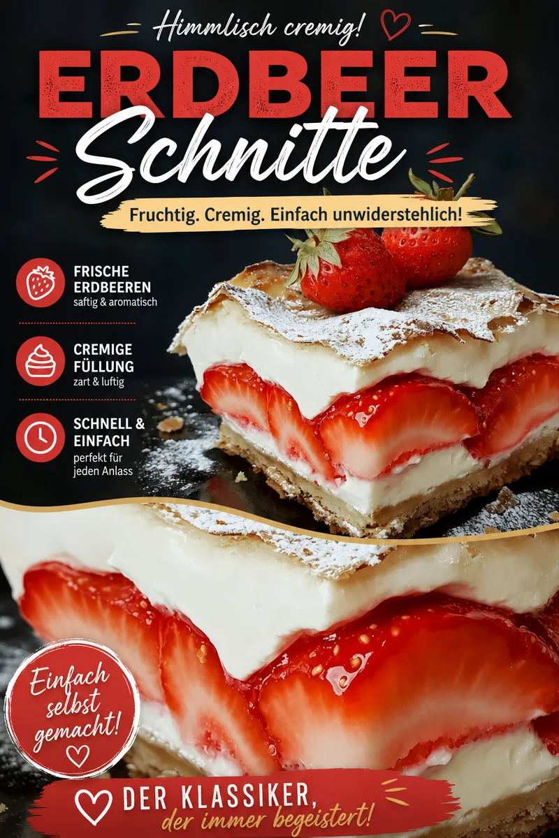 Fruchtige Erdbeer-Sahne-Schnitten: Die perfekte Nascherei für den Kaffeeklatsch Fruchtige Erdbeer-Sahne-Schnitten: Die perfekte Nascherei für den Kaffeeklatsch - Entdecke die köstlichen Erdbeer-Sahne-Schnitten mit knackigen Walnüssen und Schokolade! Perfekt für einen warmen Tag oder deinen nächsten Kaffeeklatsch. Die Kombination aus süßen Erdbeeren und cremiger Sahne wird jeden begeistern. Probiere dieses einfache Rezept und überrasche deine Freunde. Lass es dir schmecken! #Erdbeerkuchen #Kaffeeklatsch #Süßspeisen