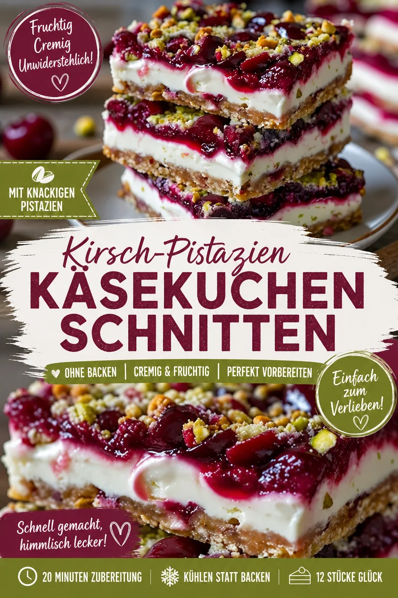 Genussvolle Kirsch Pistazien Käsekuchen Schnitten – Einfaches Rezept Genussvolle Kirsch Pistazien Käsekuchen Schnitten – Einfaches Rezept - Lust auf ein cremiges, nussiges Dessert? Probiere diese köstlichen Kirsch Pistazien Käsekuchen Schnitten! Ideal für jedes Fest oder einfach zum Schlemmen. Dein perfekter Genussmoment wartet auf dich. Lass sie im Kühlschrank erkalten, bevor du zuschlägst! Jetzt ausprobieren und teilen! #KäsekuchenSchnitten #DessertLiebe #Rezeptideen