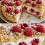 Himbeer-Käsekuchen-Streuselkuchen mit leckeren Streuseln und frischen Himbeeren