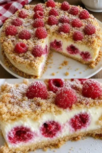 Himbeer-Käsekuchen-Streuselkuchen mit leckeren Streuseln und frischen Himbeeren